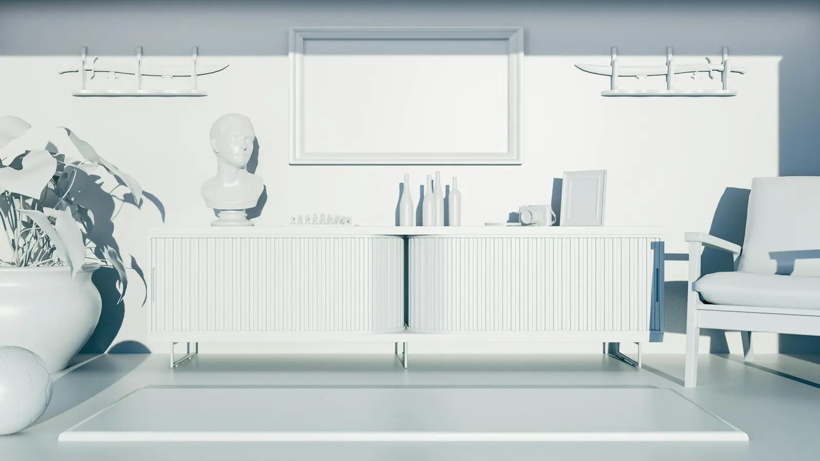 Minimalist interior space with curated sculptural furniture
